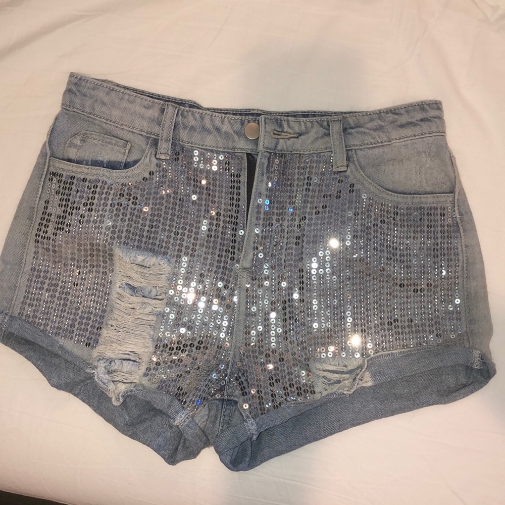 Sequin front light wash denim shorts
